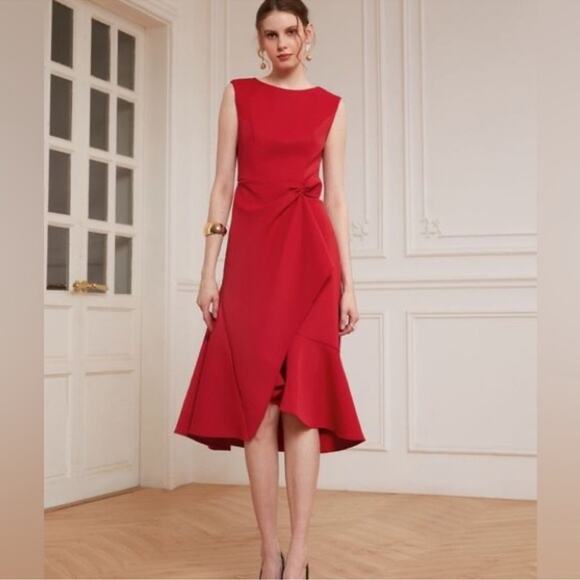 Fehaute Red Elegant Midi A-line Waist Twist Day To Night Dress Size Small NWT - Picture 2 of 14